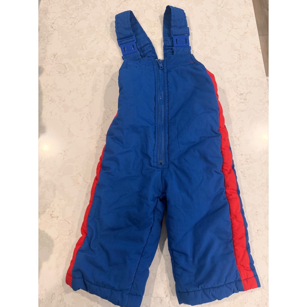 London Fog Vintage Kids Snow Bibs Blue Red Stripe‎ Ski Suit Overalls 2MOS